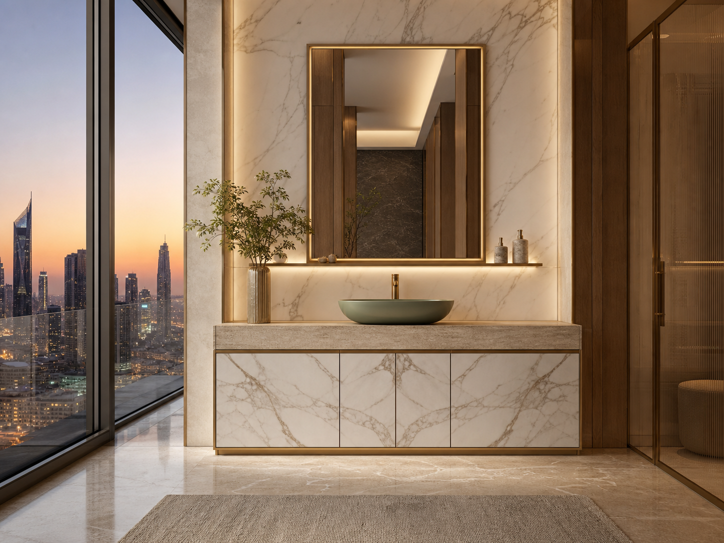 Fadior Voyage Bath and Vanity Suite with Jade Vessel Light Shelf — interior room context showing cabinet integration