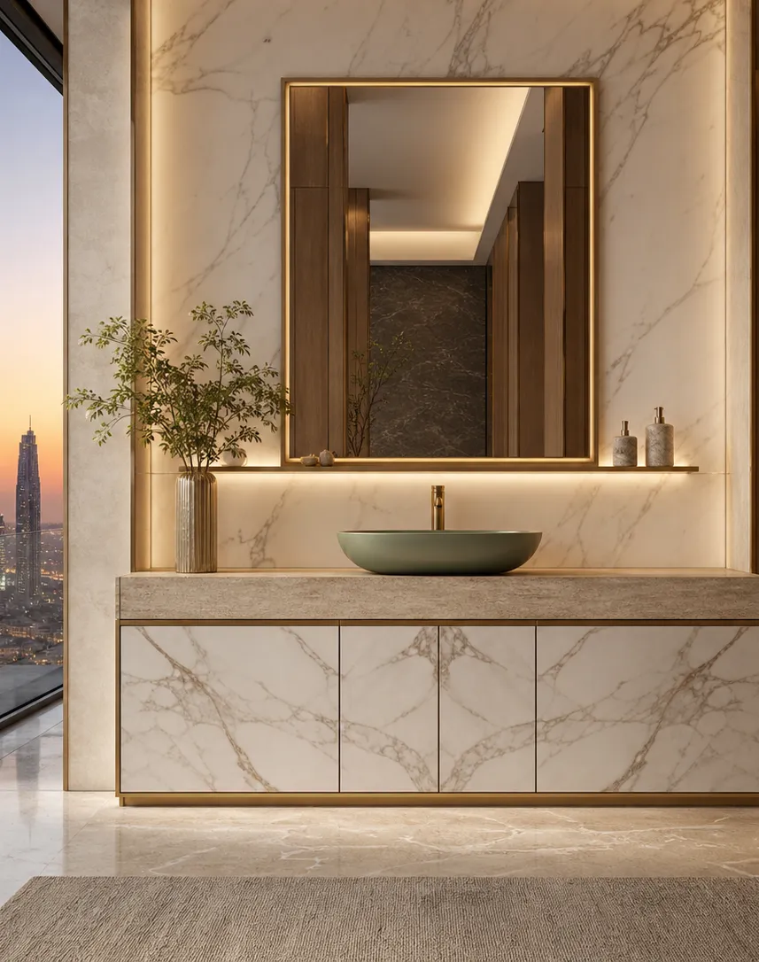Fadior Voyage Bath and Vanity Suite with Jade Vessel Light Shelf — interior room context showing cabinet integration