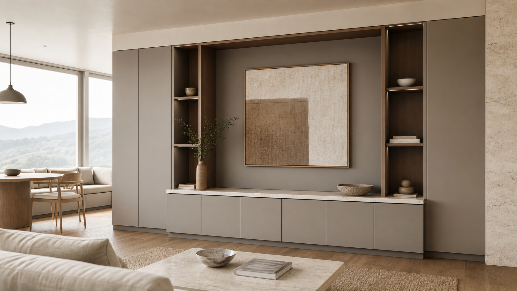 Fadior Silvan Living Room Suite with Layered Art Console Bay — lifestyle setting with natural light and residential styling