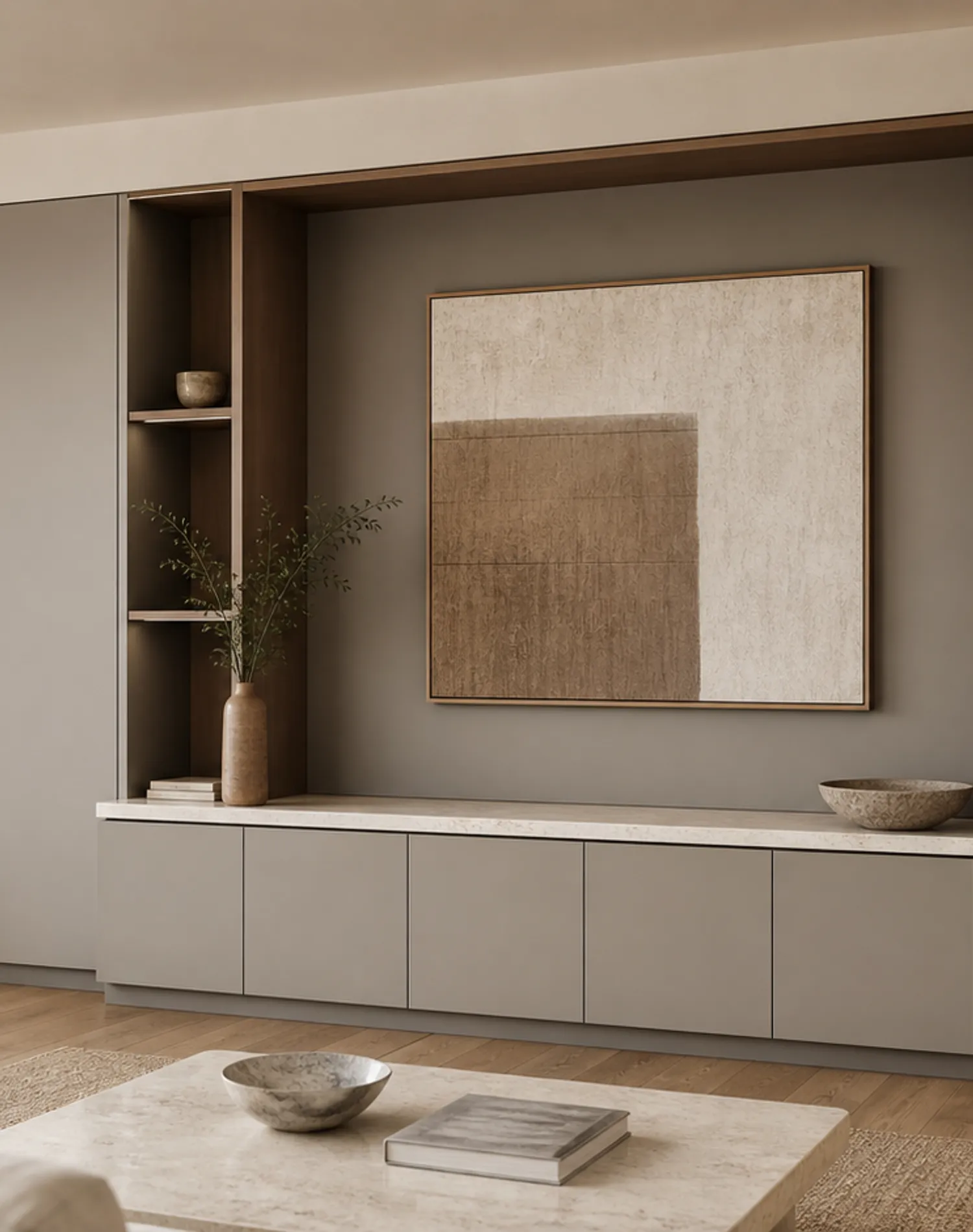 Conjunto de salón Silvan con bahía de consola de arte por capas estudio de adaptación