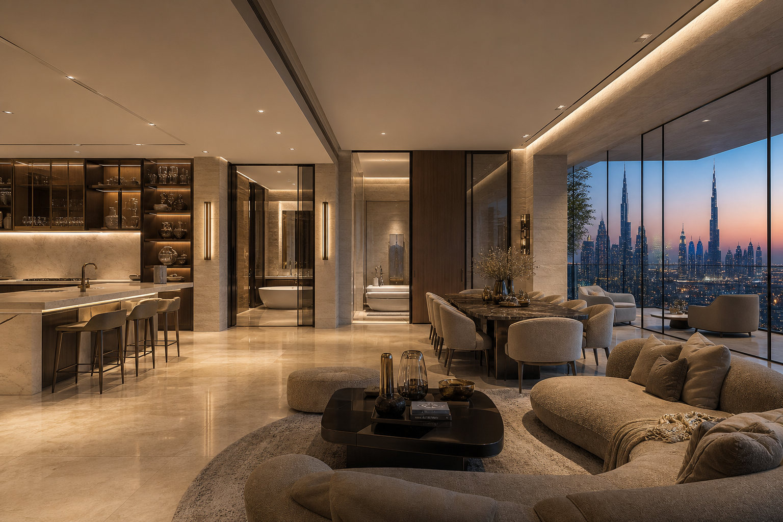 Fadior Dubai 180 sqm Kitchen Bath Penthouse — Study — Dubai penthouse lounge with kitchen island, dining table,