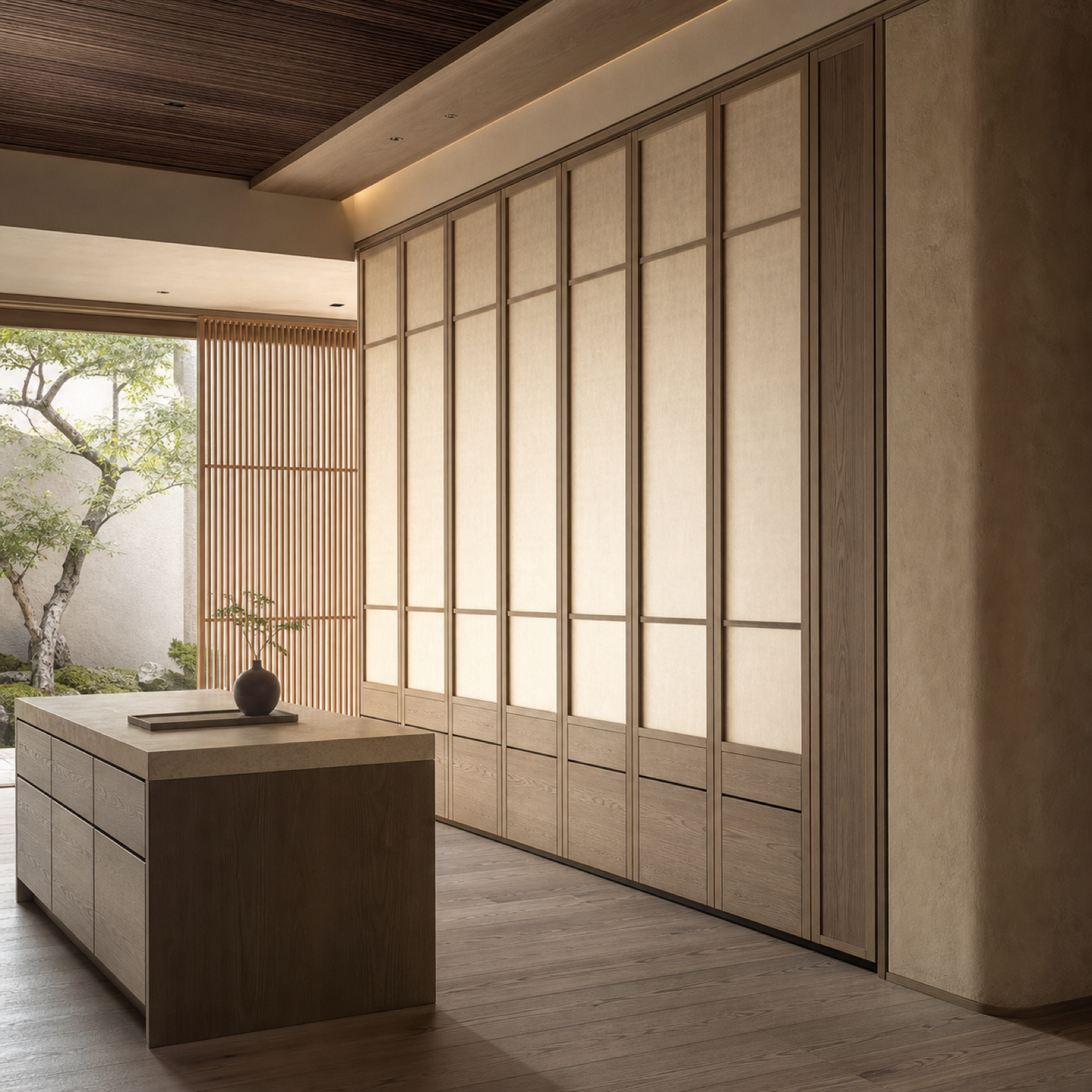 Fadior Lumiere Wardrobe Suite with Shoji Veil Dressing Screen - custom 304 stainless steel wardrobe or walk-in closet with lighting, hanging, drawer storage, and residential finishes