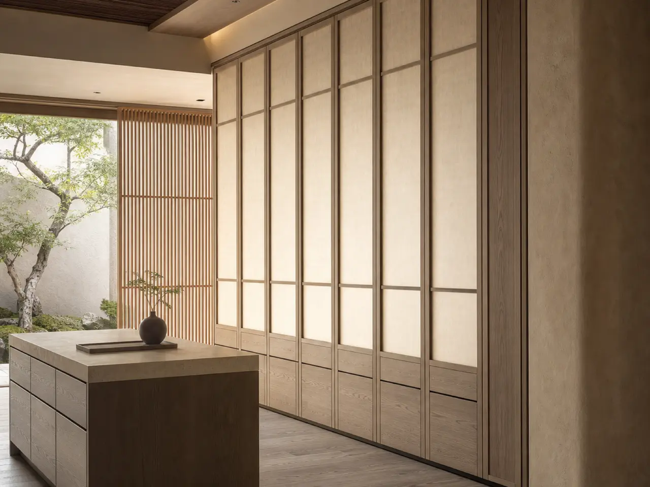 Fadior Lumiere Wardrobe Suite with Shoji Veil Dressing Screen - custom 304 stainless steel wardrobe or walk-in closet with lighting, hanging, drawer storage, and residential finishes