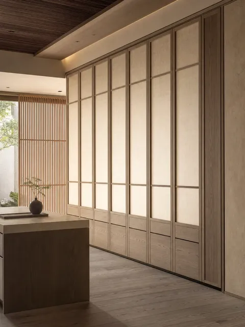 Fadior Lumiere Wardrobe Suite with Shoji Veil Dressing Screen — 304 stainless steel wardrobe system, front view
