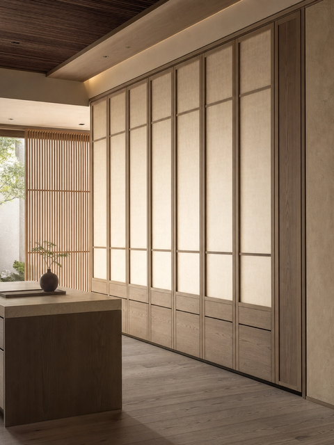 Fadior Lumiere Wardrobe Suite with Shoji Veil Dressing Screen — 304 stainless steel wardrobe system, front view