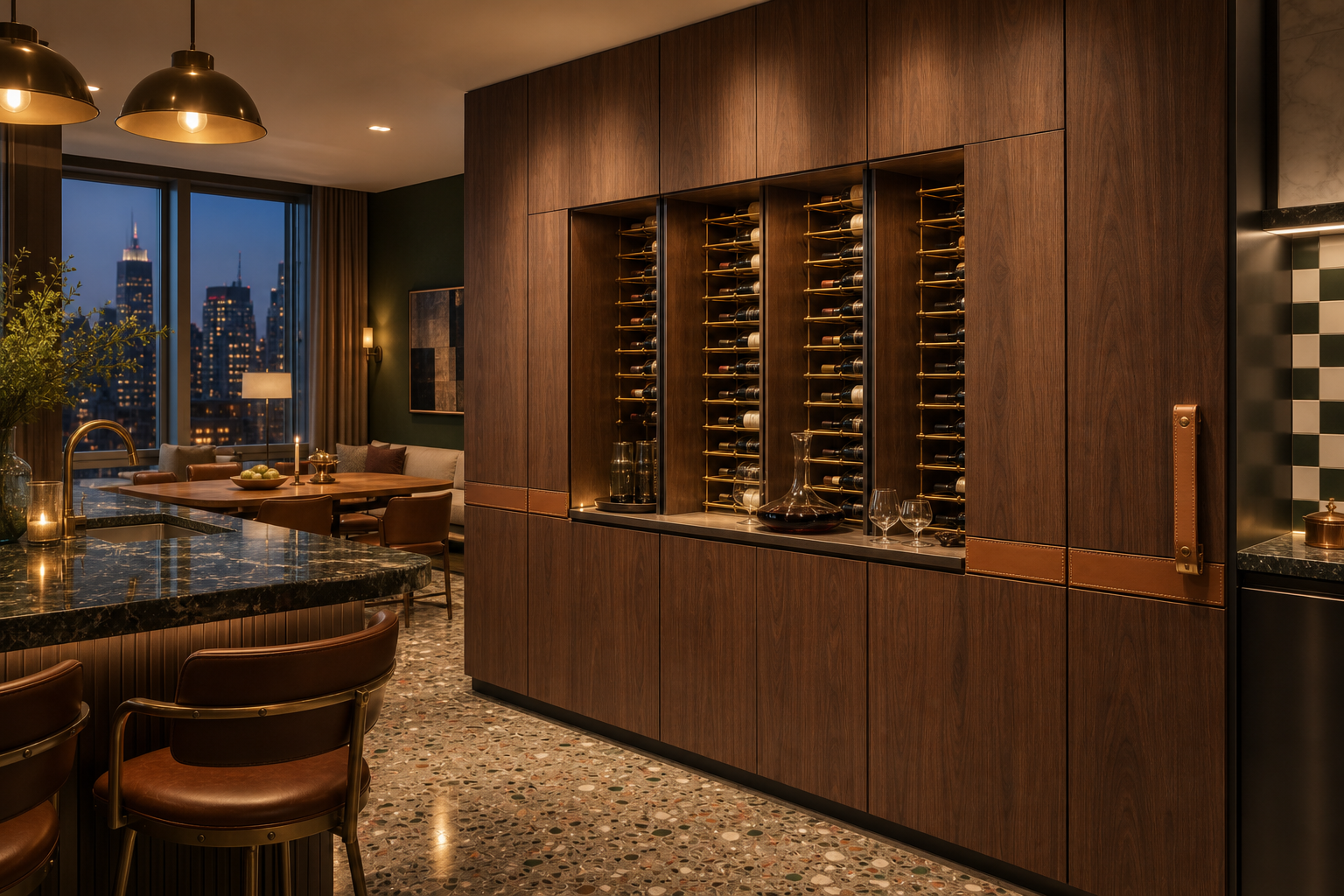 Fadior Estuary Wine Cabinet Suite with Cold-Finished Tasting Spine — interior room context showing cabinet integration