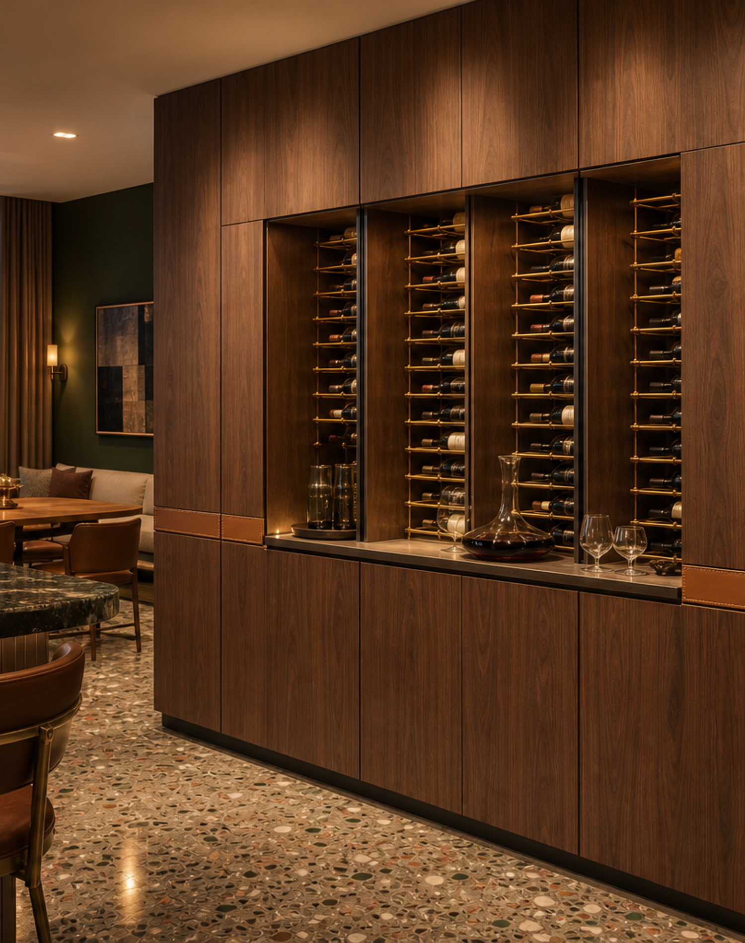 Fadior Estuary Wine Cabinet Suite with Cold-Finished Tasting Spine — interior room context showing cabinet integration
