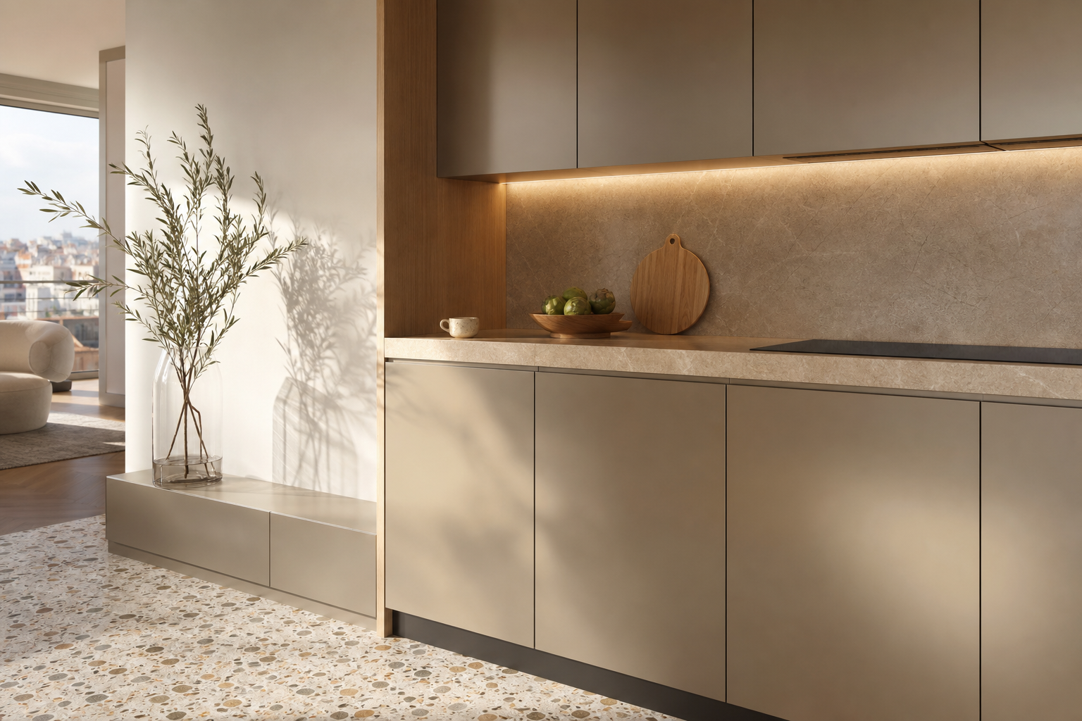 Fadior The Italian Lineage: How EuroCucina Defines the Global Luxury Kitchen Project — champagne cabinet fronts, stone counter, walnut trim, cutting board, olive branches, terrazzo floor, city window