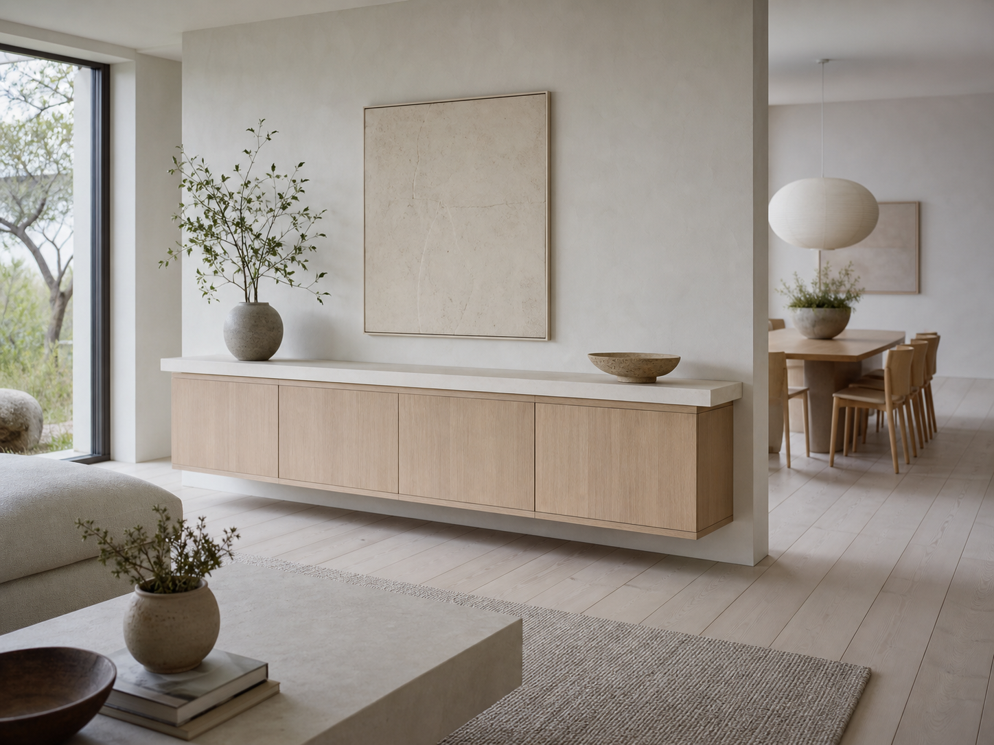 Fadior Patina Living Room Suite with Courtyard Media Credenza — interior room context showing cabinet integration