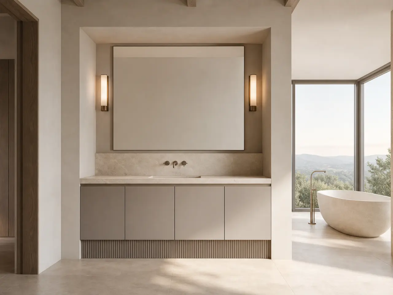 Fadior Alcove Bathroom Suite with Ribbed Clay Plinth - waterproof 304 stainless steel bath vanity with mirror storage, moisture-resistant finishes, and grooming storage