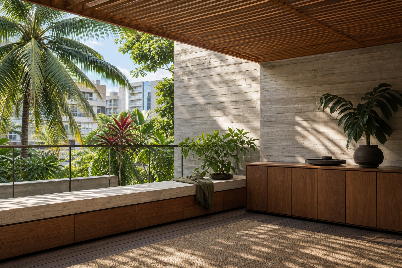 Fadior Soleil Balcony Suite with Sunrail Terrace Bench — lifestyle setting with natural light and residential styling