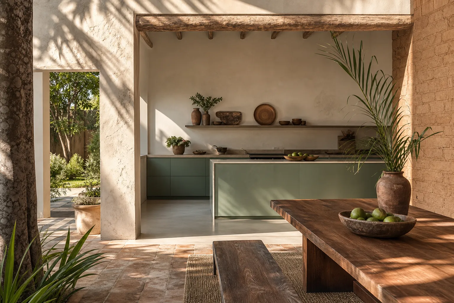 Sunlit family kitchen context with terracotta floors and jade cabinetry for healthy-home planning.