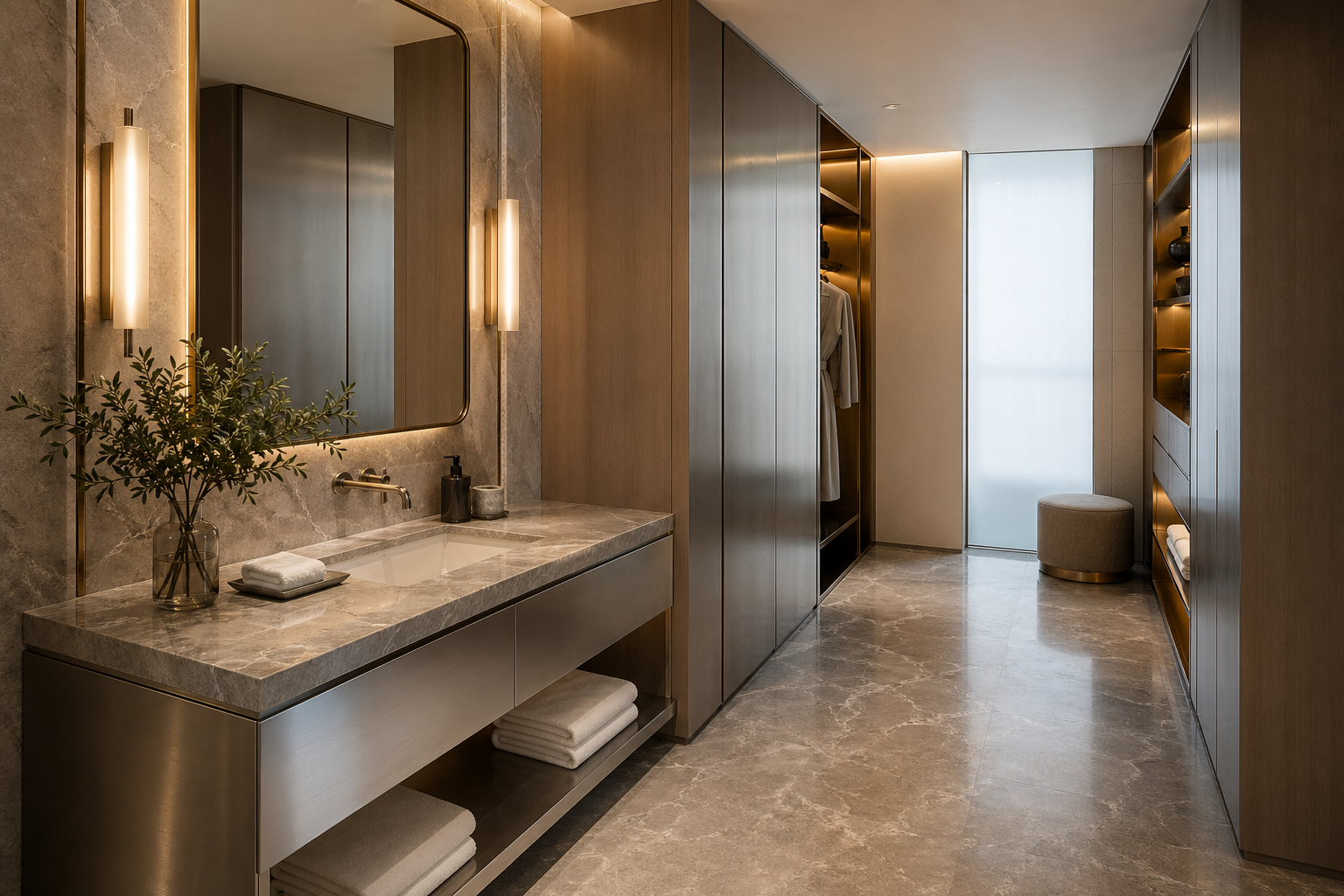 Fadior Dubai Boutique Suite Hotel — vanity counter, mirror, wardrobe storage, marble floor