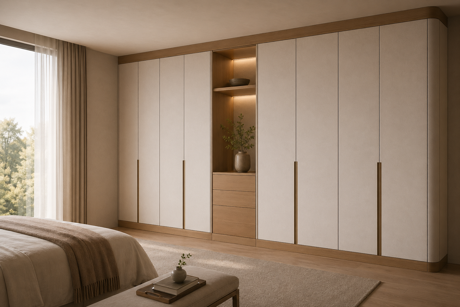 Fadior Canopy Wardrobe Suite with Linen Gallery Dressing Wall — lifestyle setting with natural light and residential styling