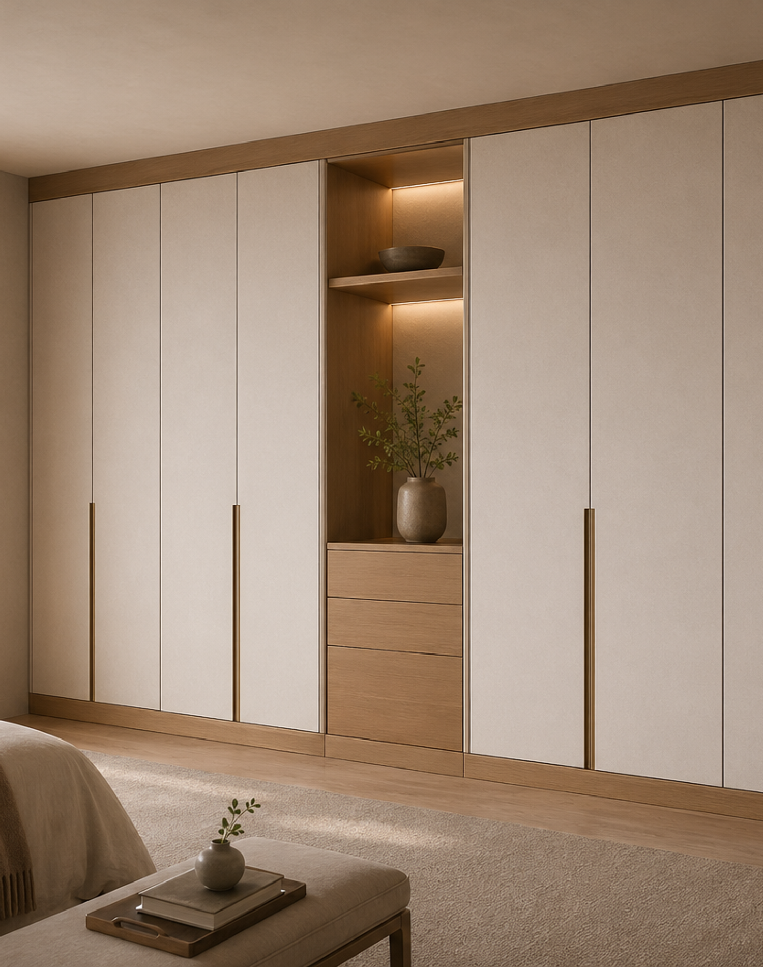 Fadior Canopy Wardrobe Suite with Linen Gallery Dressing Wall — lifestyle setting with natural light and residential styling