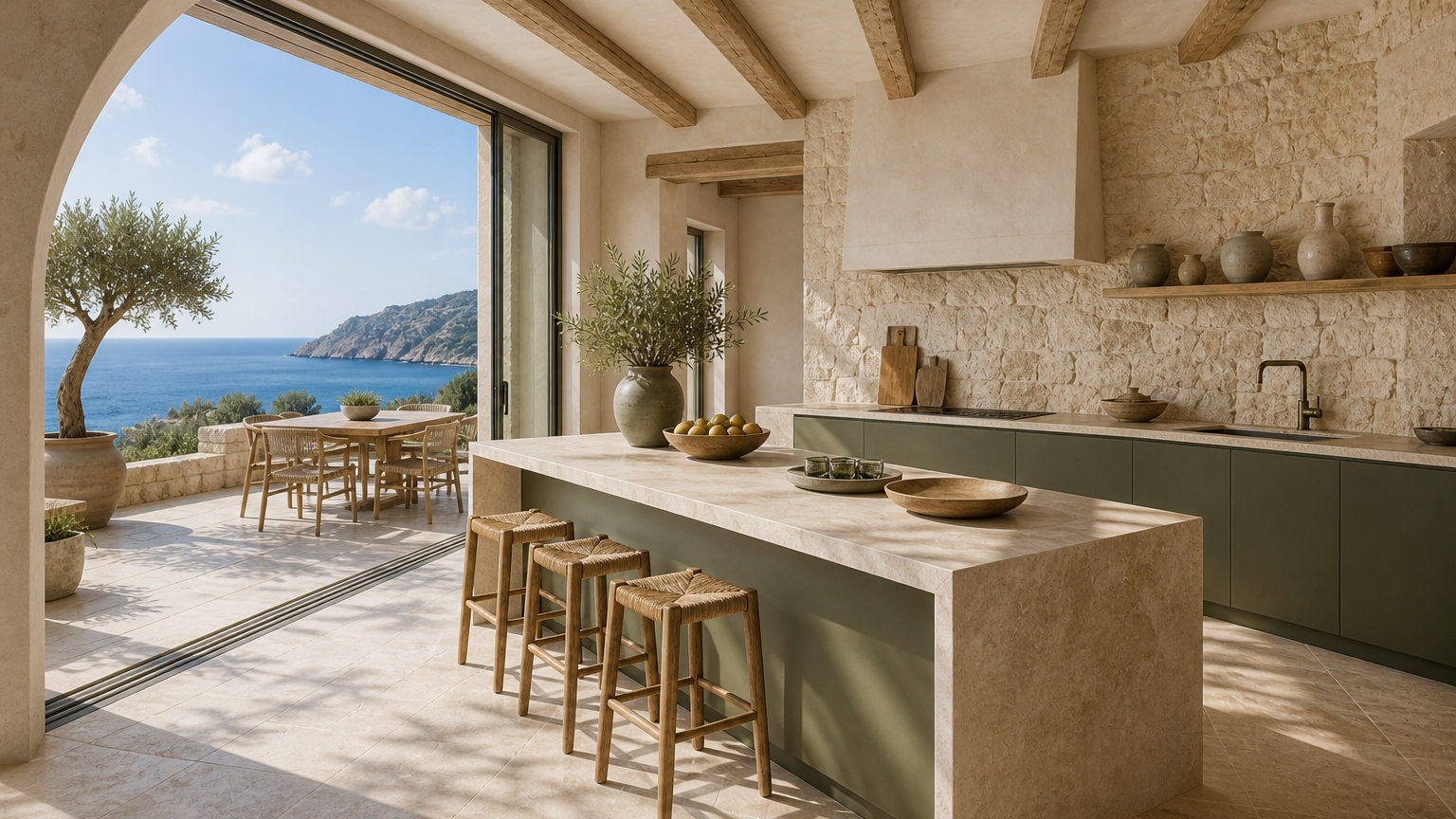 Mediterranean villa kitchen with olive cabinet planes, terrace light, and finish-planning atmosphere.