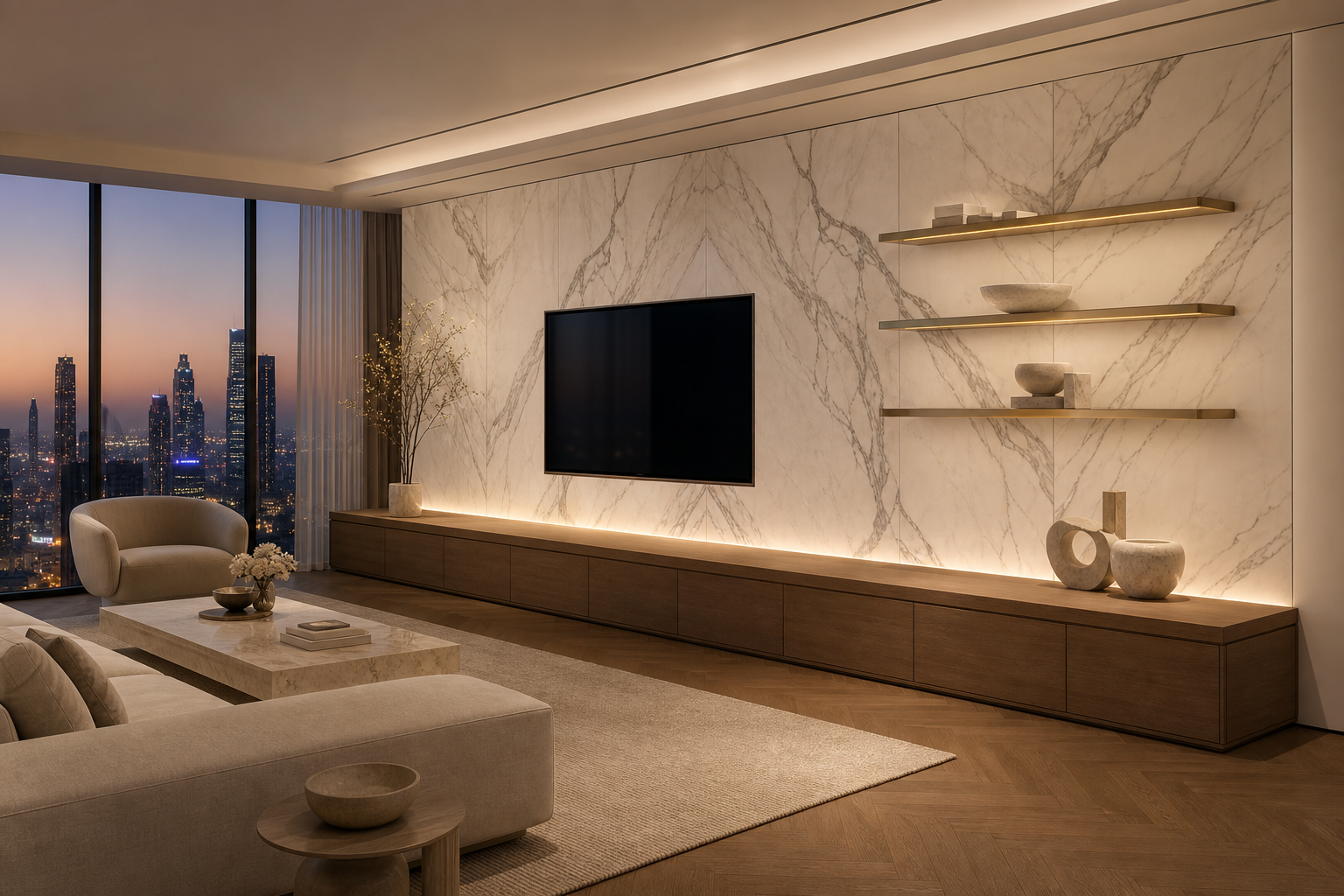 Fadior Zenith Living Room Suite with FSC Teak Sound Ledge — interior room context showing cabinet integration