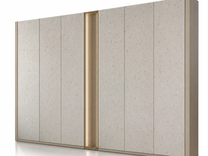 Fadior Terrazzo Wall Panel Suite with Veined Gallery Light Spine — 304 stainless steel wall panel system, front view