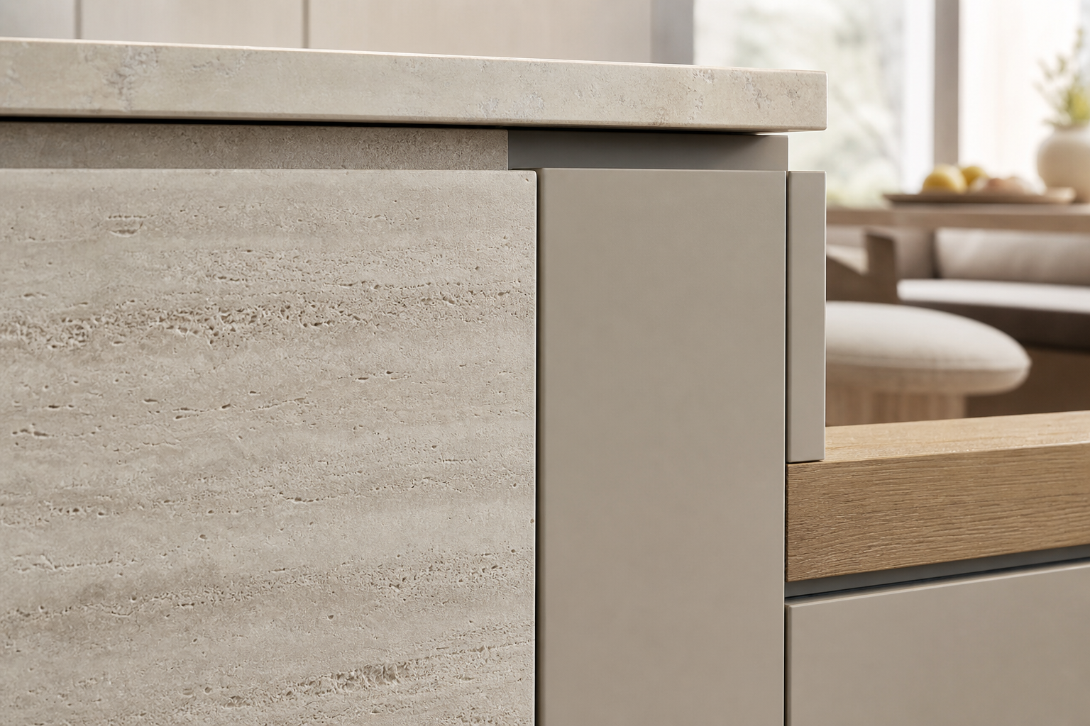 Fadior Meridian Kitchen Suite with Honed Travertine Chef Rail — close-up of stainless steel finish and hardware detail