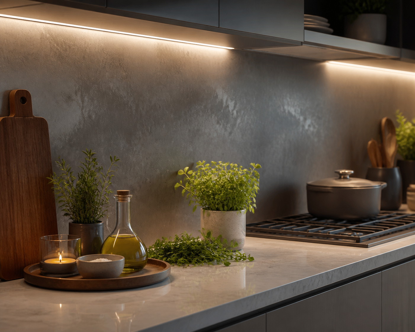 Evening kitchen preparation setting with a silver-gray backsplash, warm under-cabinet light and fresh herbs.