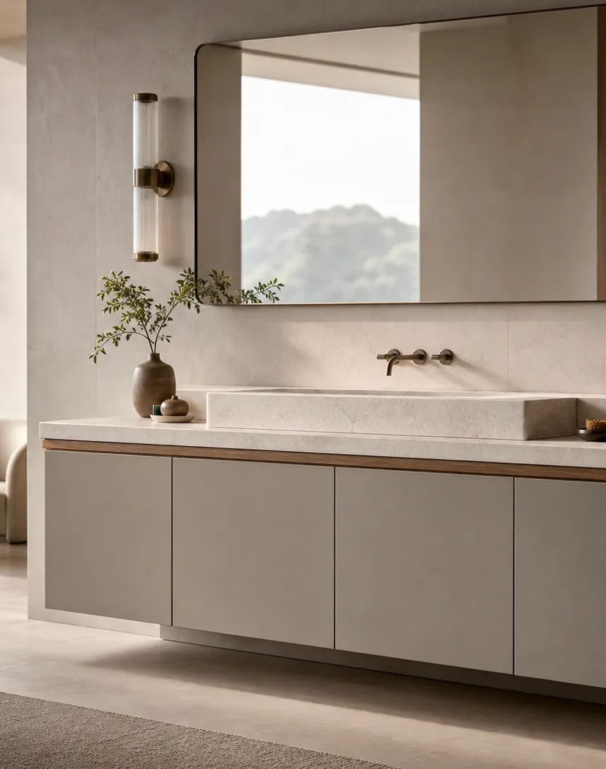 Fadior Verve Bath and Vanity Suite with Quartz Veil Wash Atelier — interior room context showing cabinet integration