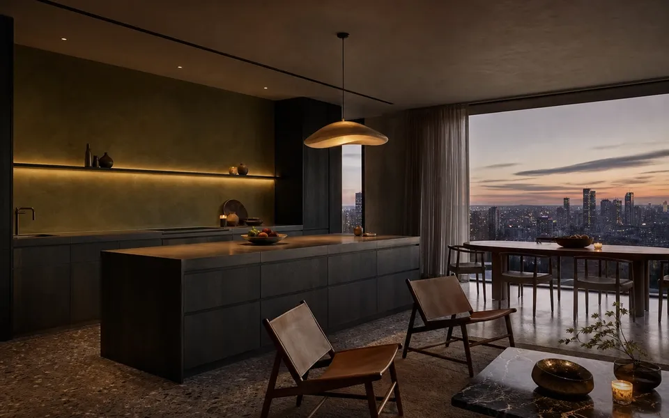 Fadior London 80 sqm Kitchen Penthouse — Fadior London penthouse kitchen — smoked oak island, terrazzo floor, — 304 stainless steel cabinetry installation by Fadior