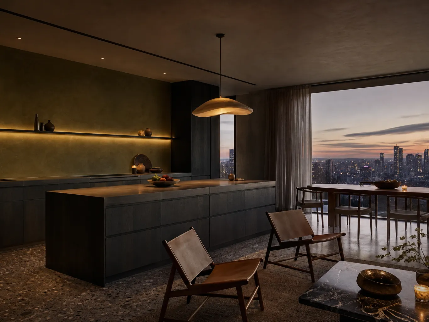 Fadior London 80 sqm Kitchen Penthouse — Fadior London penthouse kitchen — smoked oak island, terrazzo floor,