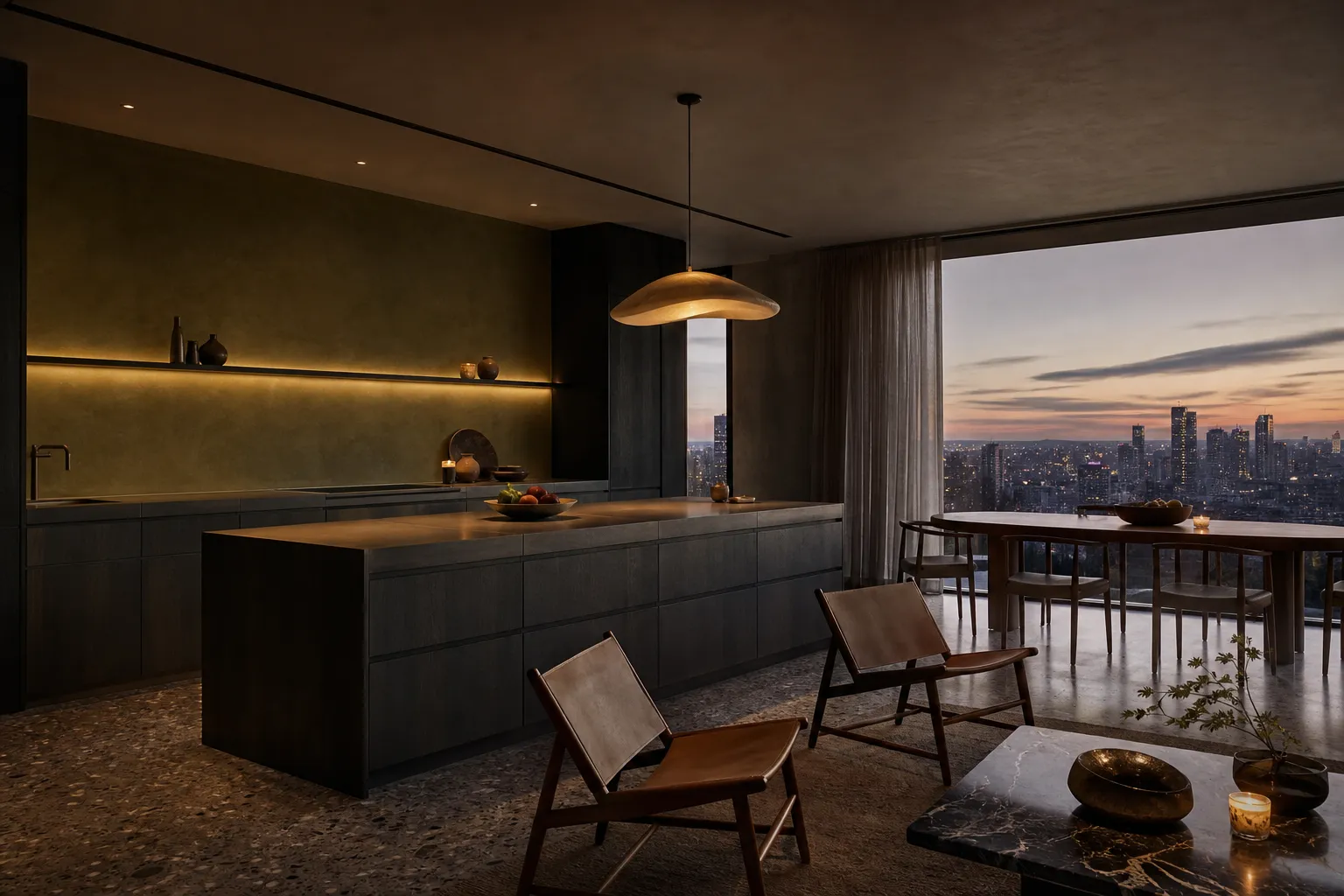 Fadior London 80 sqm Kitchen Penthouse — Fadior London penthouse kitchen — smoked oak island, terrazzo floor, — 304 stainless steel cabinetr