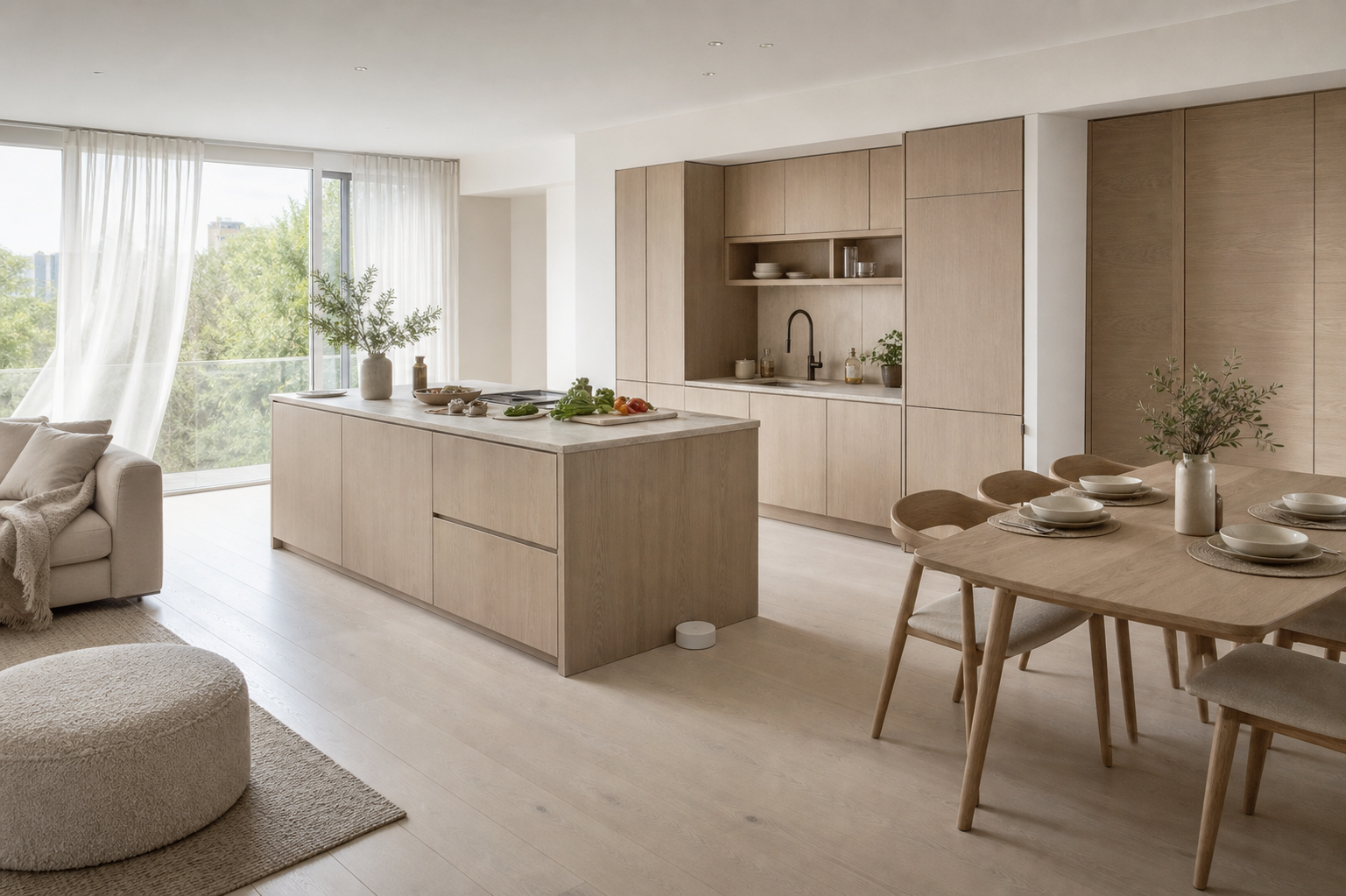 Lifestyle context: calm apartment kitchen set for family routines and AI kitchen planning.