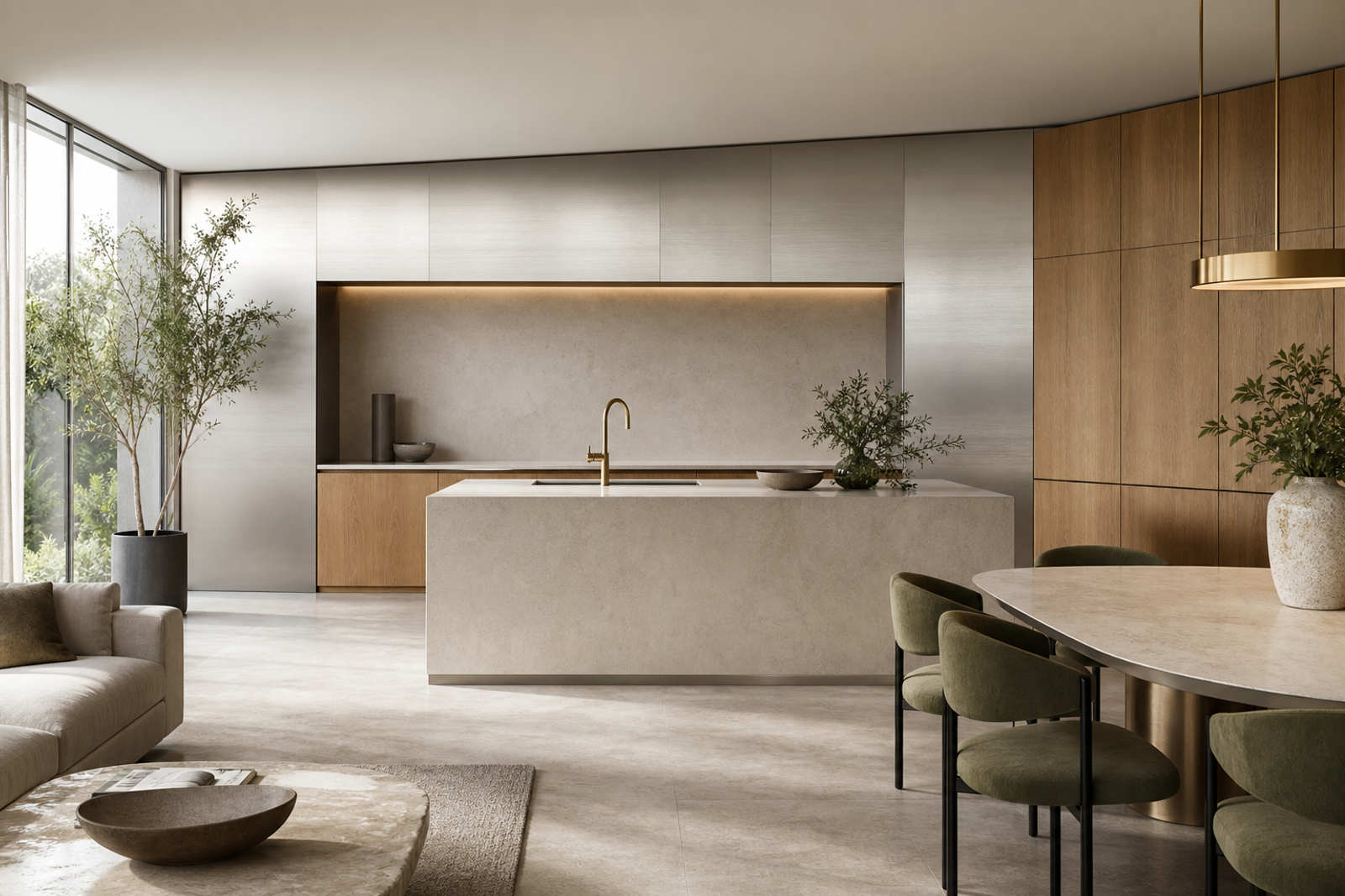 Kitchen atmosphere: open-plan luxury residence with brushed silver-toned cabinetry, warm oak fronts, pale stone, and calm sourcing discipline.