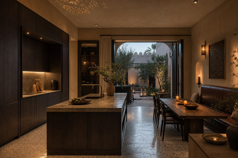 Fadior Muscat 280 sqm Kitchen Villa — Muscat villa kitchen with dark cabinet wall, stone counter, island, plaster wall,
