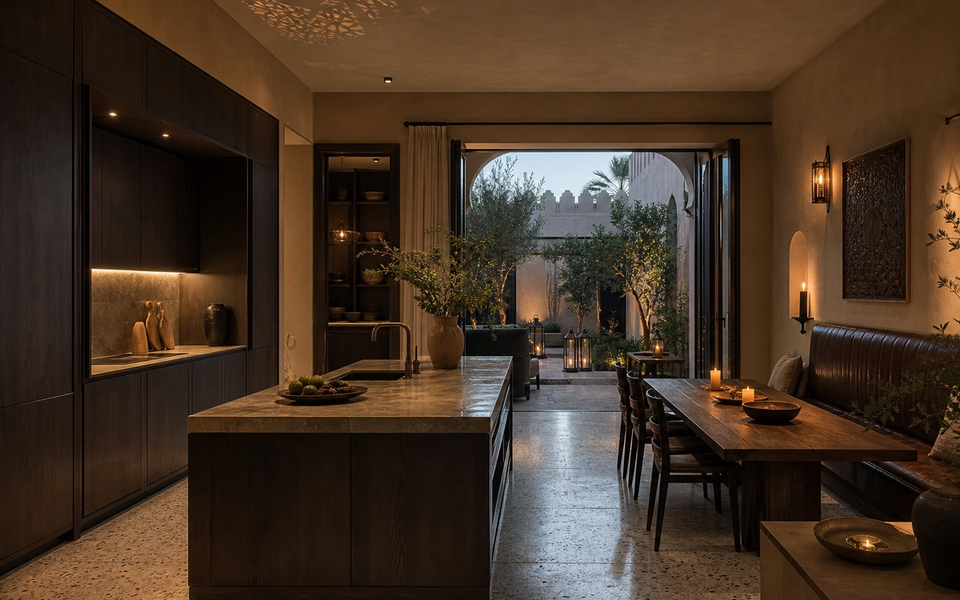 Fadior Muscat 280 sqm Kitchen Villa — Muscat villa kitchen with dark cabinet wall, stone counter, island, plaster wall, — 304 stainless steel cabinetry installation by Fadior