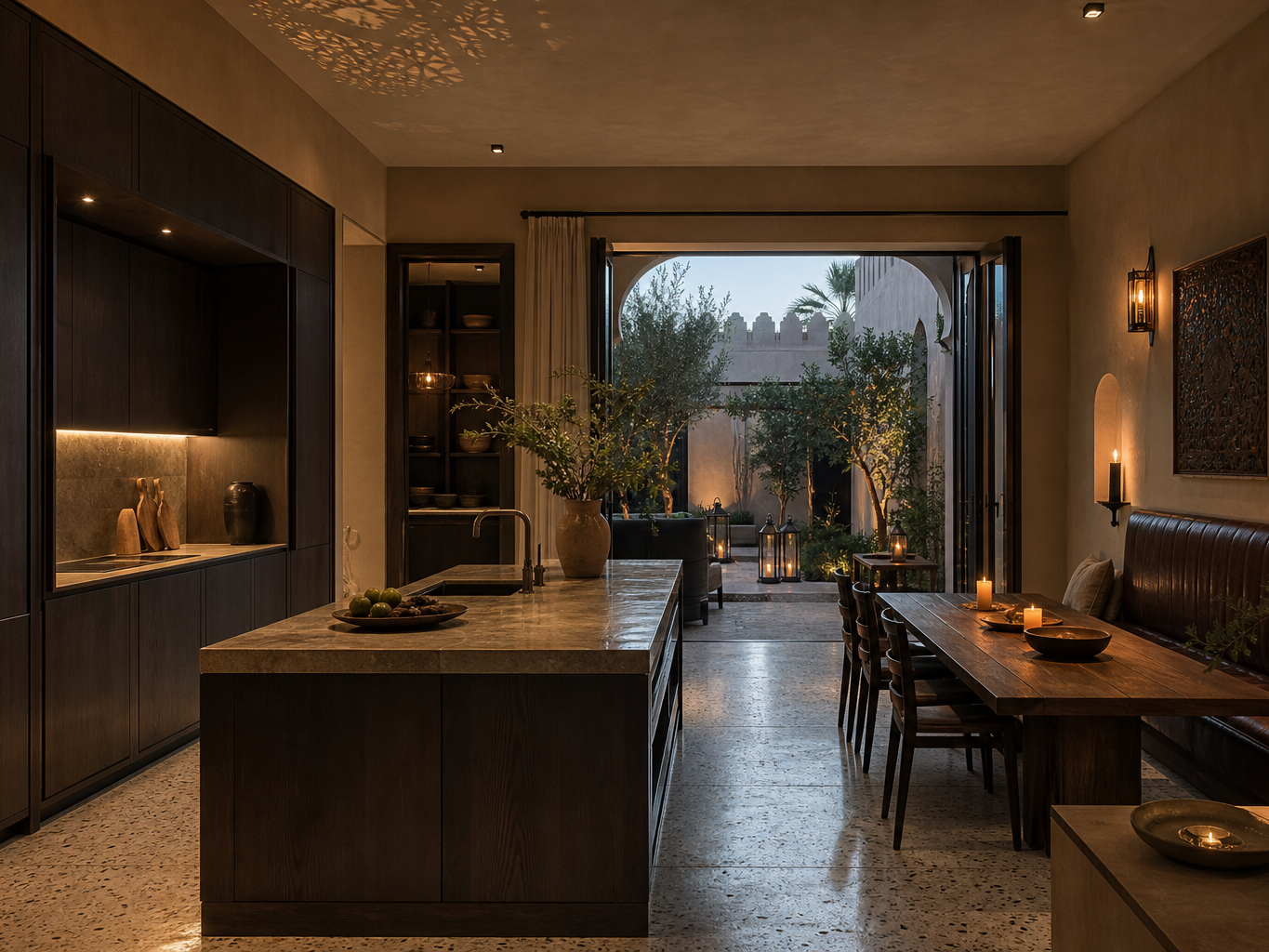 Fadior Muscat 280 sqm Kitchen Villa — Muscat villa kitchen with dark cabinet wall, stone counter, island, plaster wall,