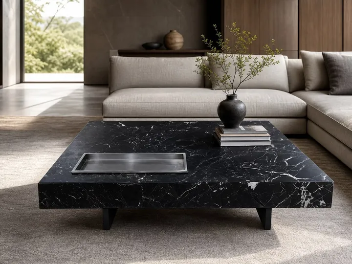 Mesa de centro de mármol con estructura de caja de acero 1.0×1.0 m — CT-001-V01