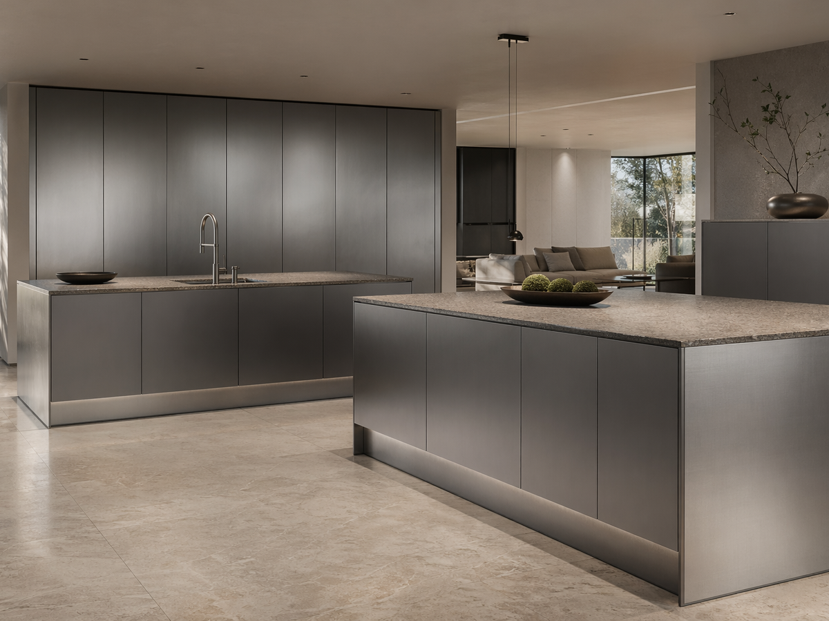 Fadior Abyss Kitchen Suite with L-Shape Dual Island — 304 stainless steel kitchen system, front view