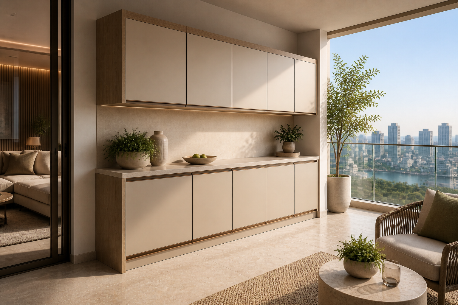 Fadior Soleil Balcony Suite with Weatherline Utility Wall — lifestyle setting with natural light and residential styling
