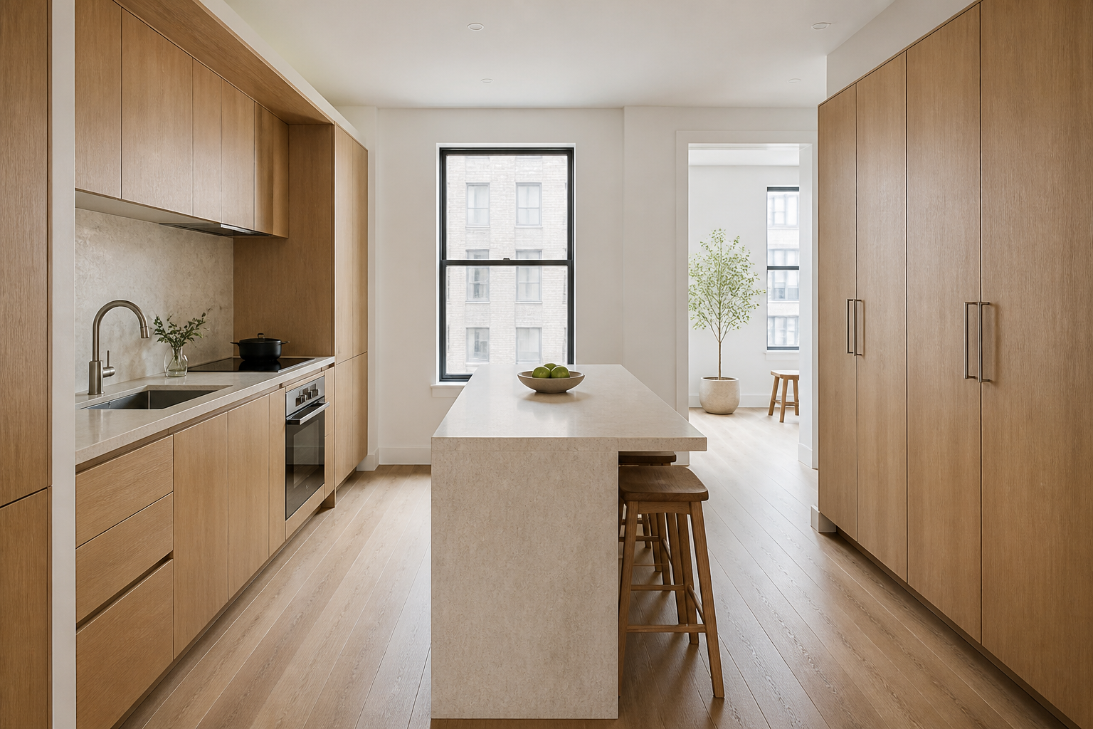 Small kitchen with tucked stools and a clear route around the central island.