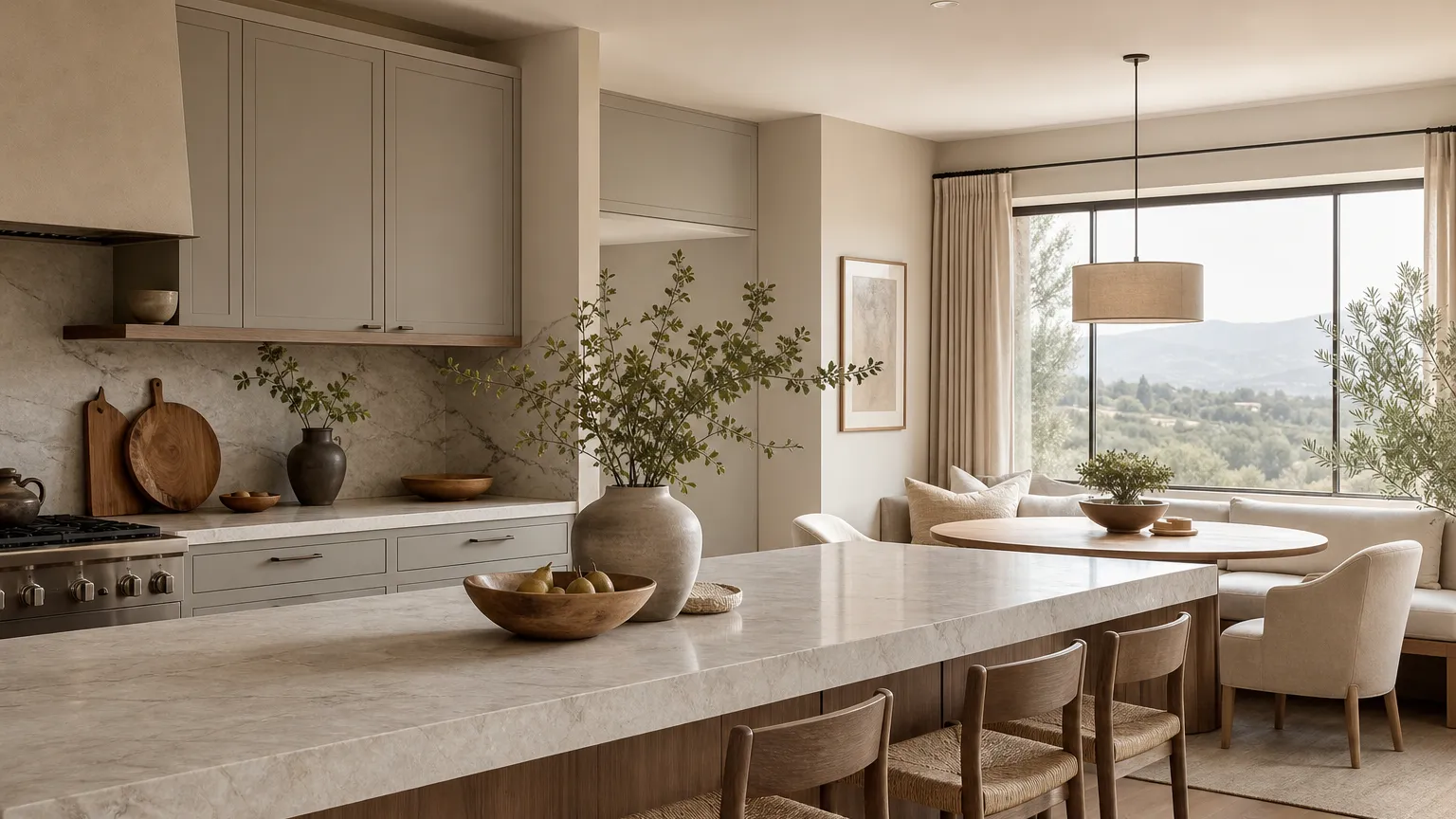 Warm villa kitchen with muted cabinet fronts, pale stone, and morning light for a repaint planning decision.
