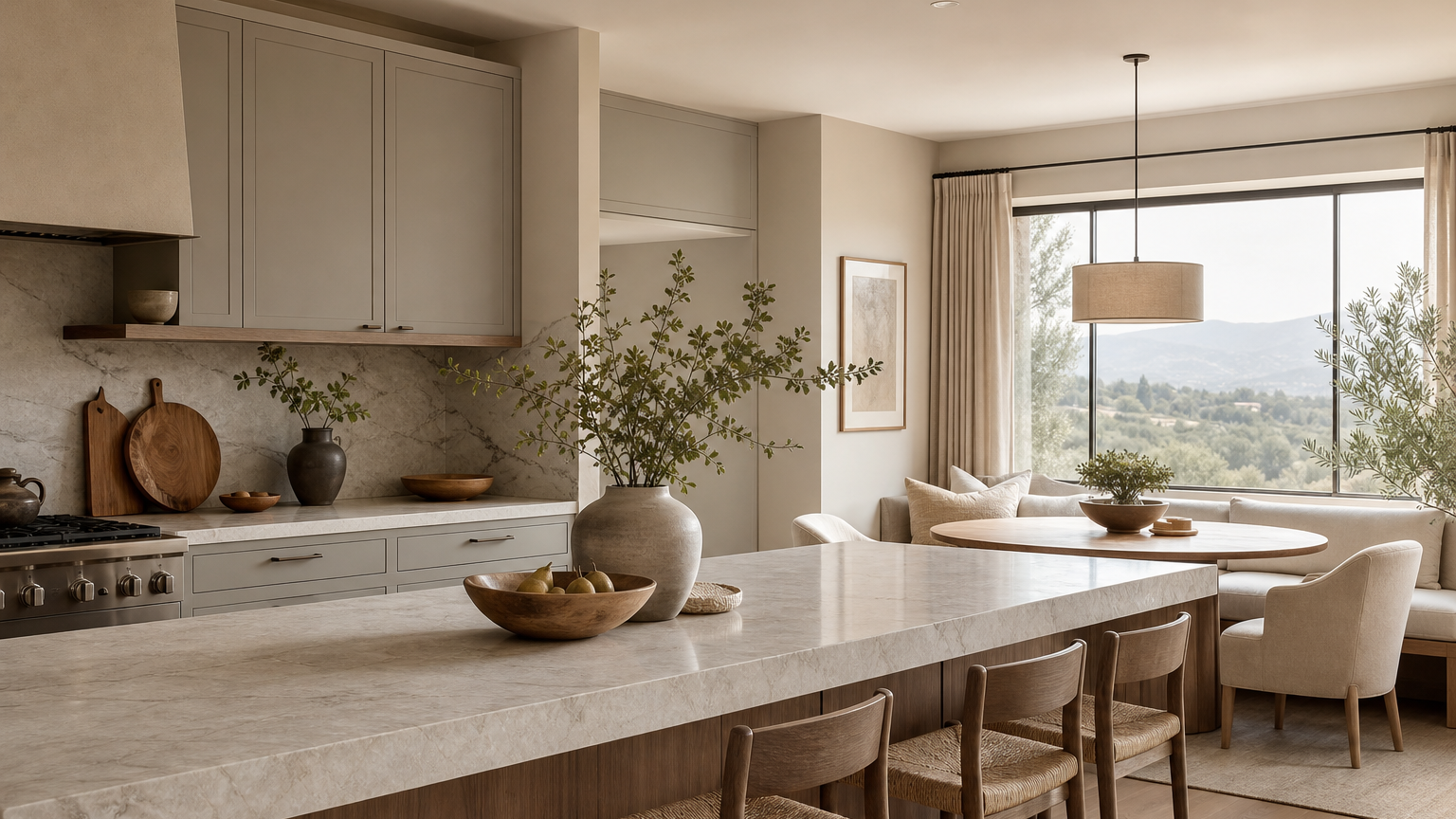 Warm villa kitchen with muted cabinet fronts, pale stone, and morning light for a repaint planning decision.