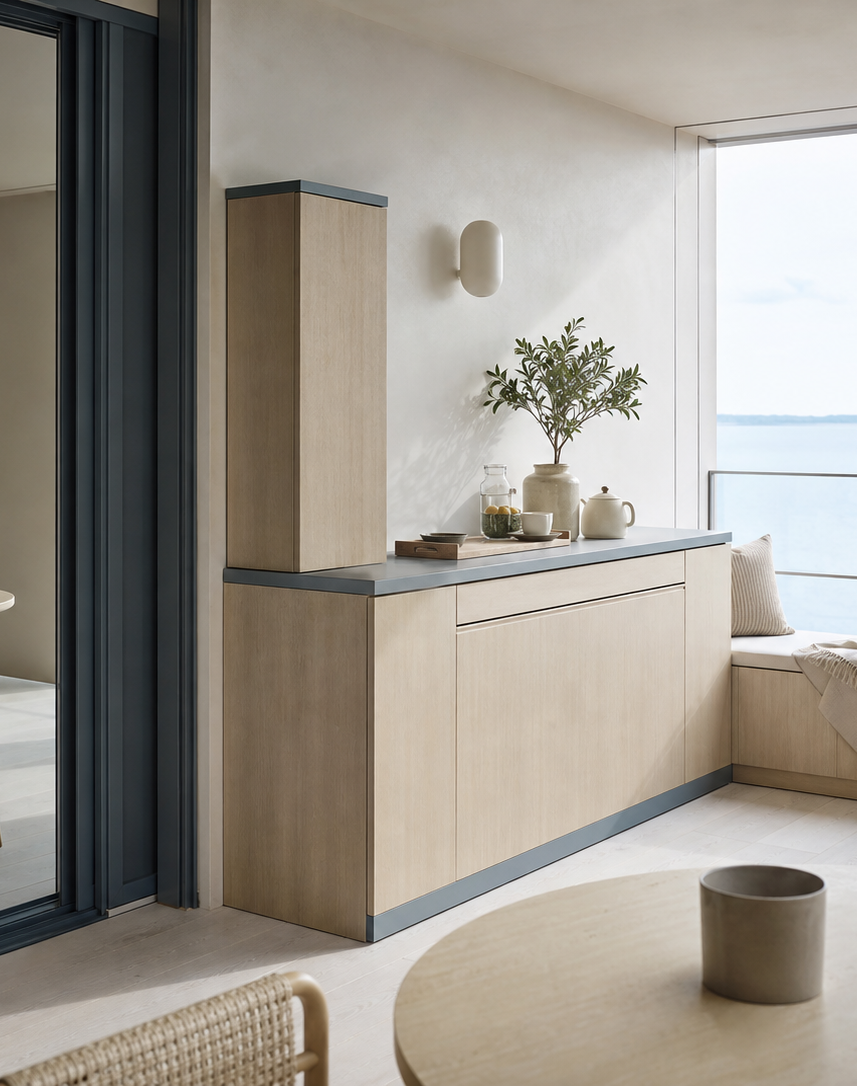 Fadior Soleil Balcony Suite with Folding Citrus Tea Bar — interior room context showing cabinet integration
