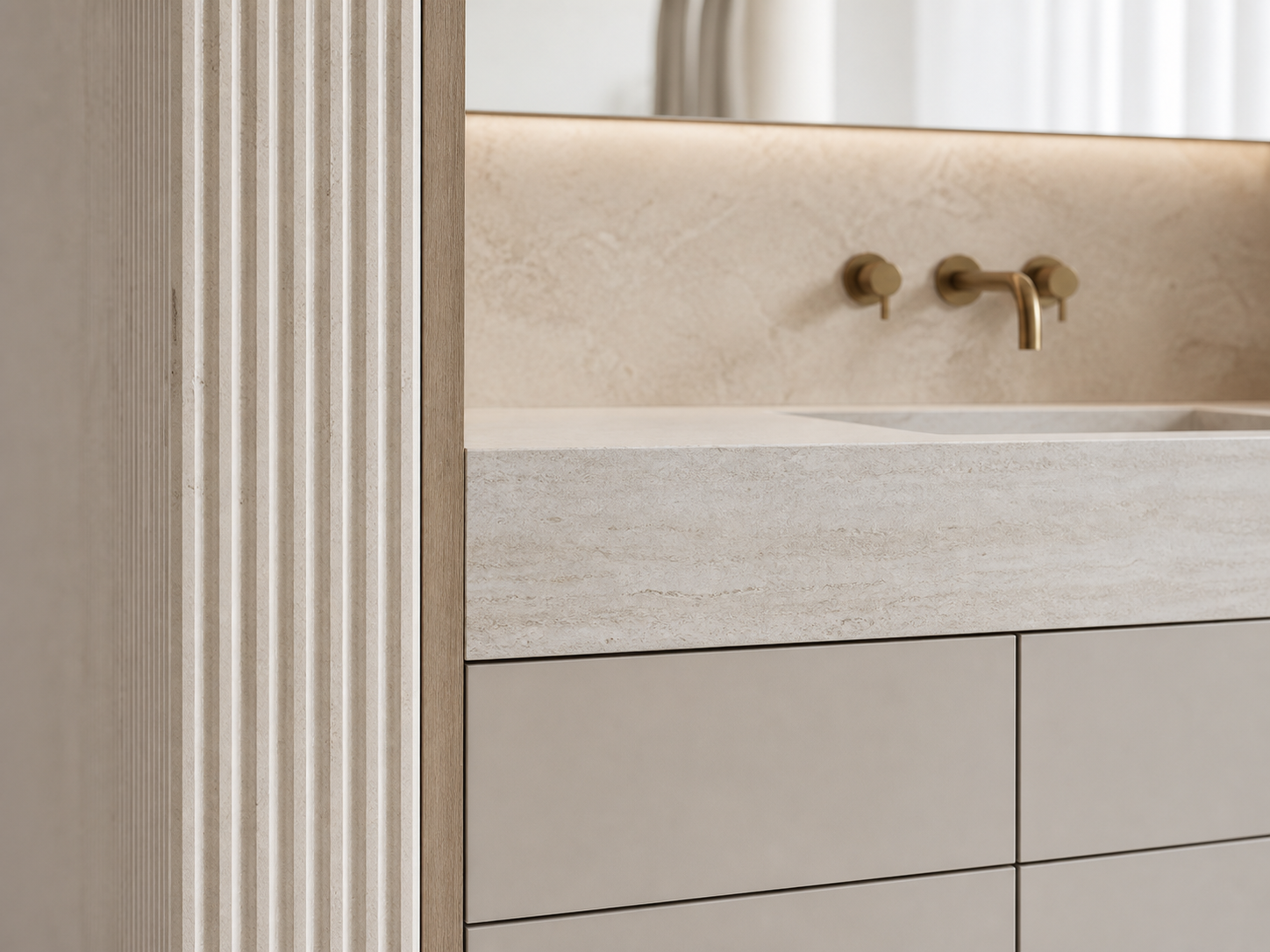 Fadior Voyage Bath Vanity Suite with Ribbed Travertine Wash Portal — close-up of stainless steel finish and hardware detail