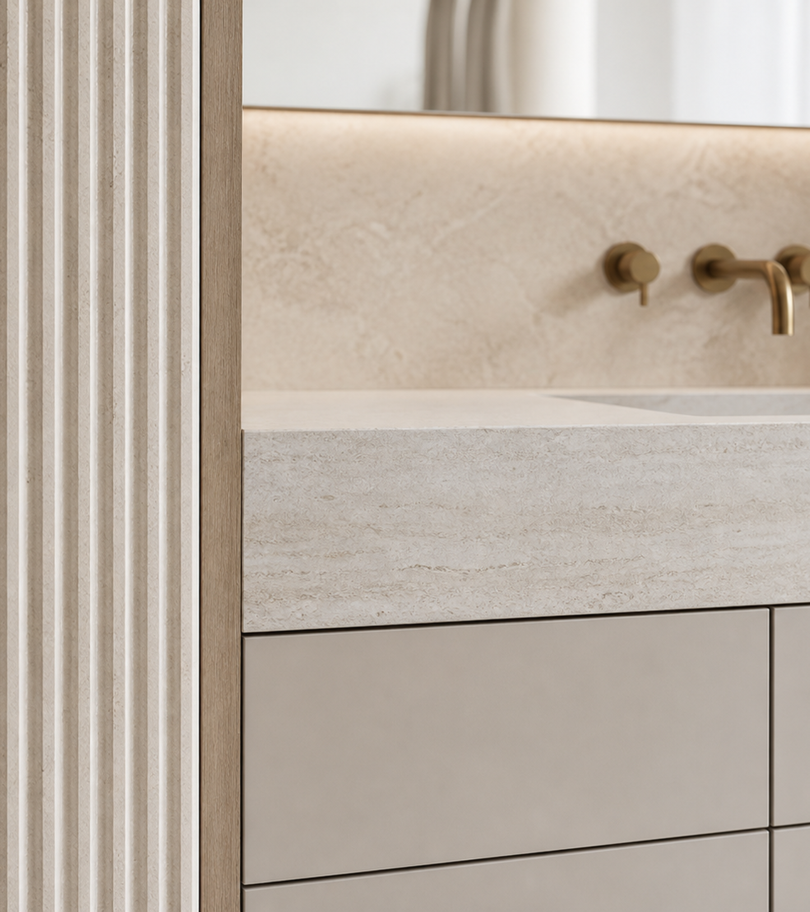 Fadior Voyage Bath Vanity Suite with Ribbed Travertine Wash Portal — close-up of stainless steel finish and hardware detail