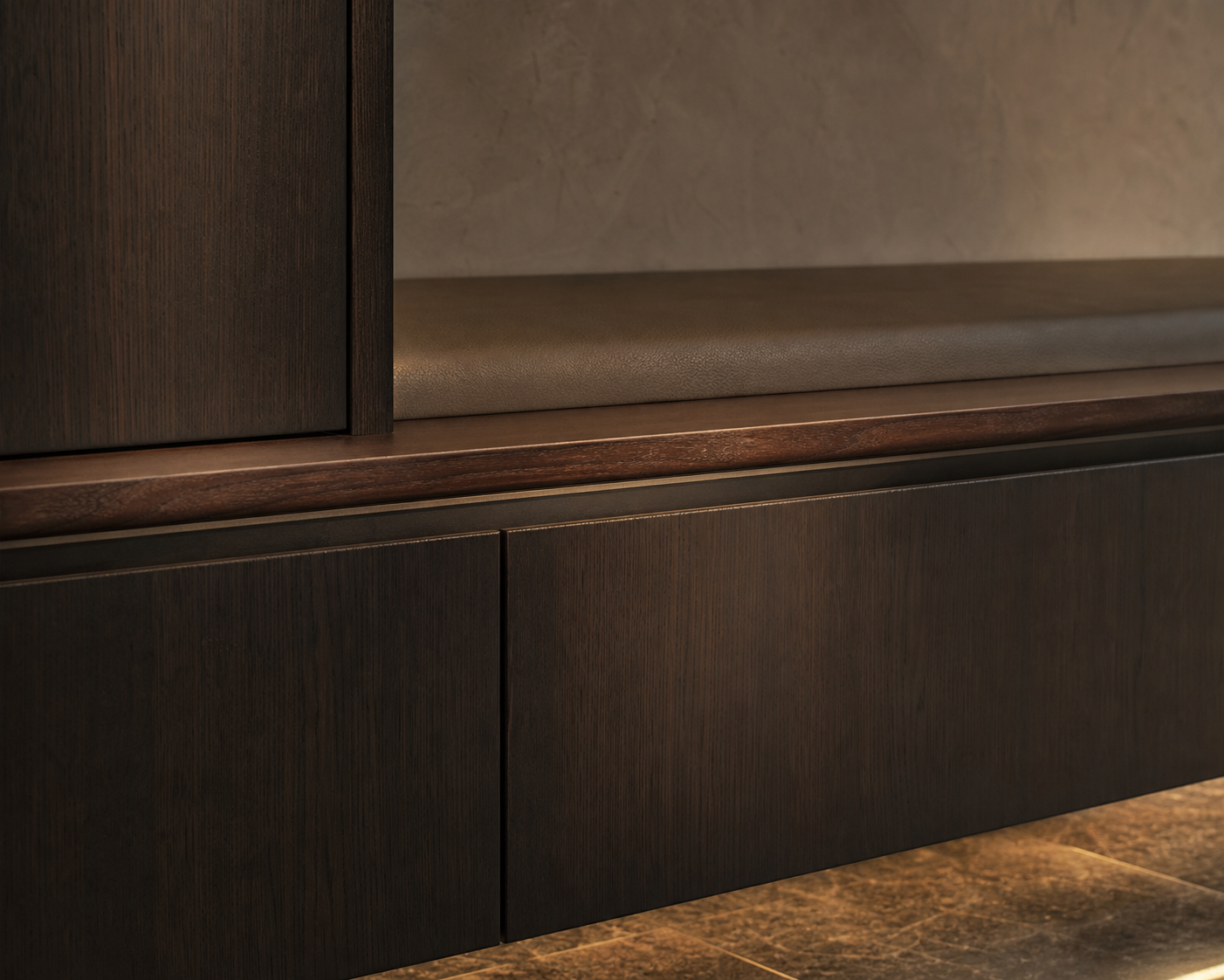 Fadior Patina Living Room Suite with Walnut Listening Rail — close-up of stainless steel finish and hardware detail