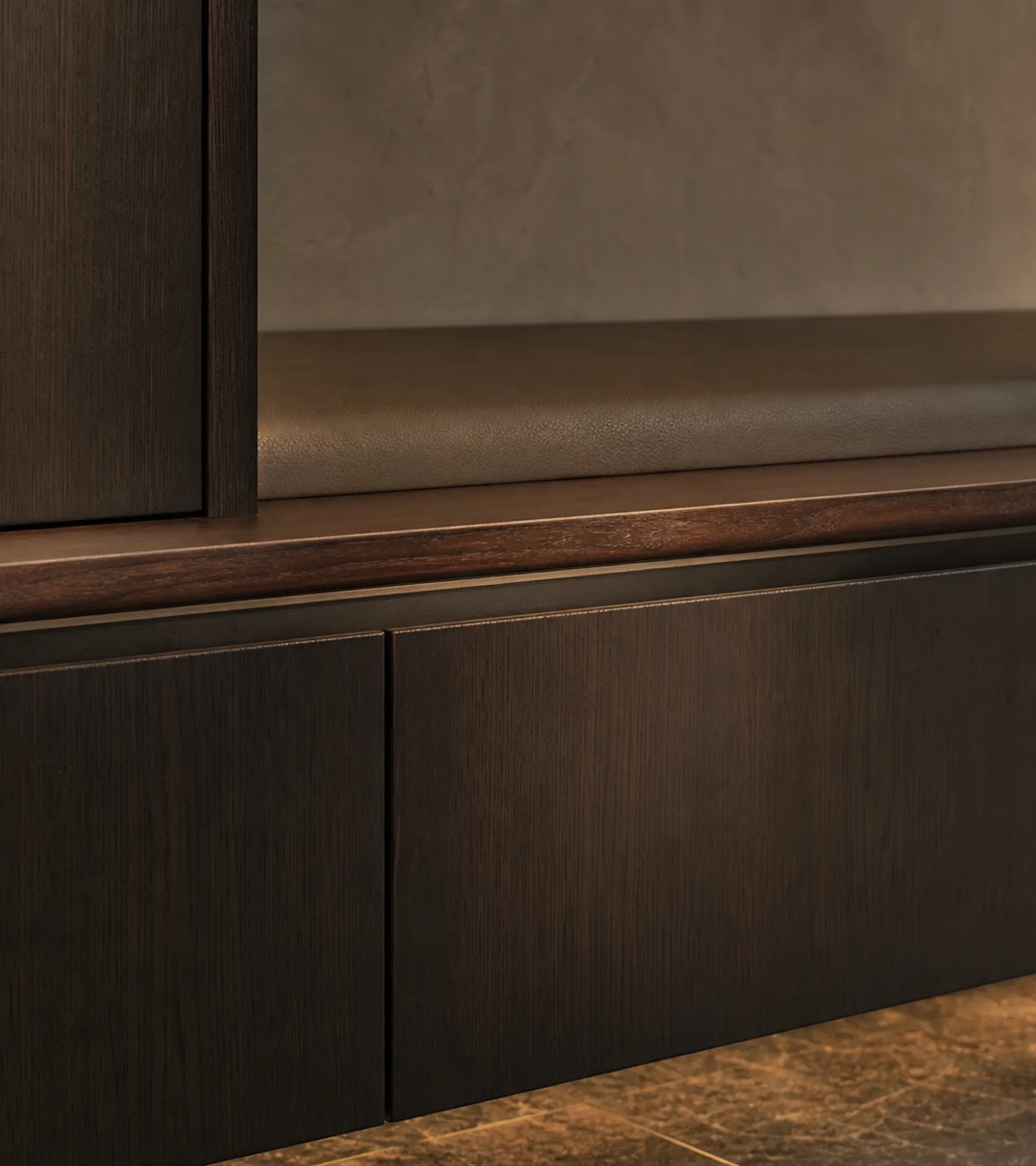 Suite de salón Patina con barra de nogal para escuchar música acabado y detalle