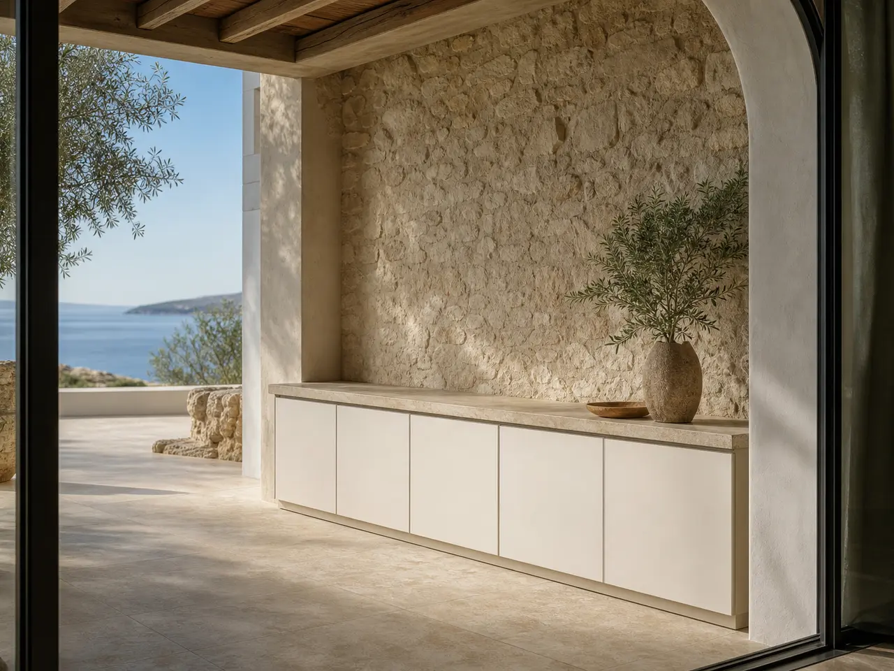 Fadior Ecliptic Entryway Suite with Casa Italia Arrival Servery - stainless steel entryway storage with shoe cabinet, bench seating, coat storage, console zone, and warm finishes