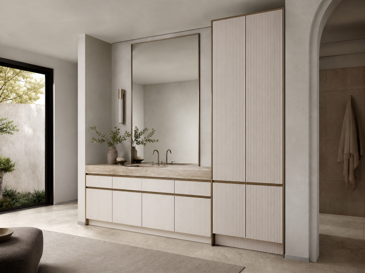 Fadior Ethereal Ribbed Travertine Towel Atrium — interior room context showing cabinet integration