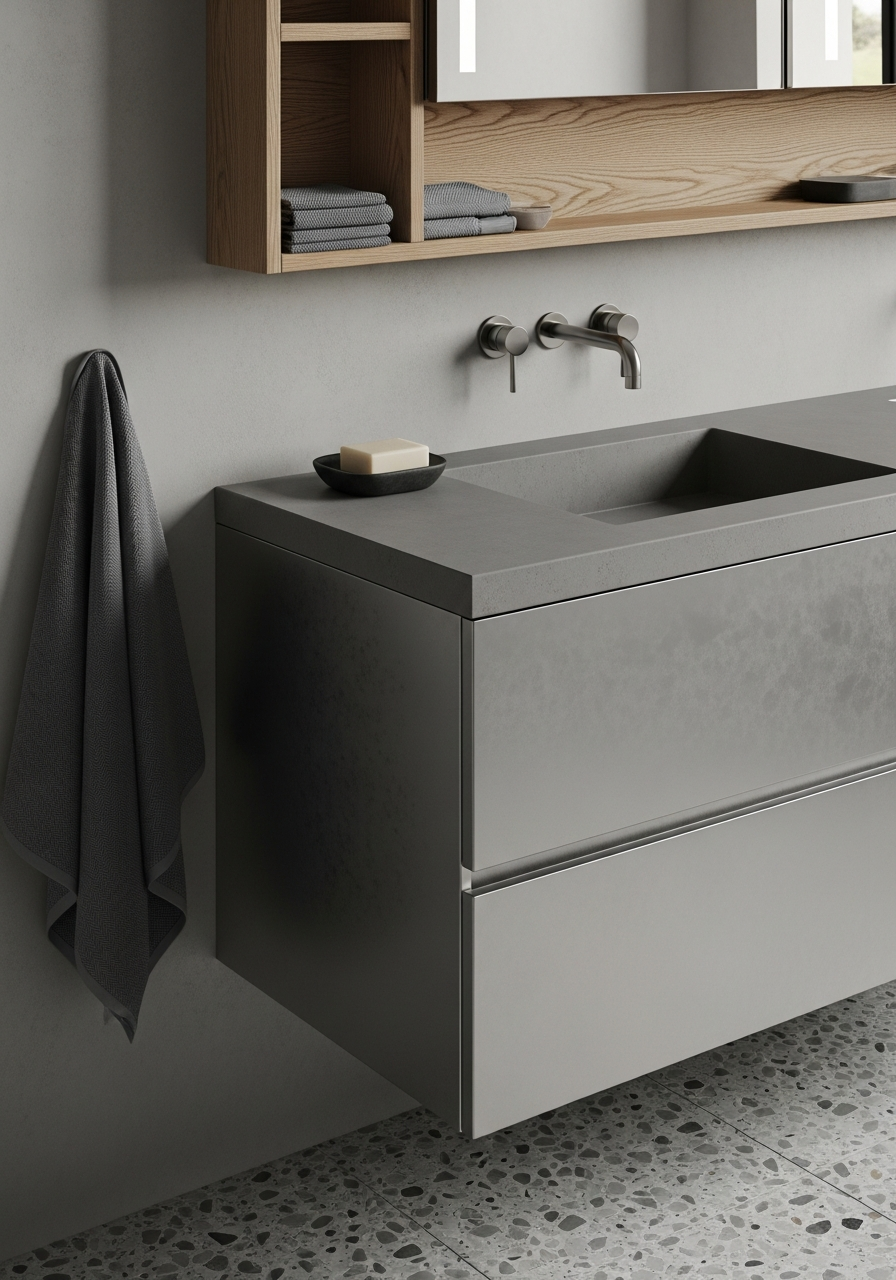 Fadior Acqua Bath and Vanity Suite — close-up of stainless steel finish and hardware detail