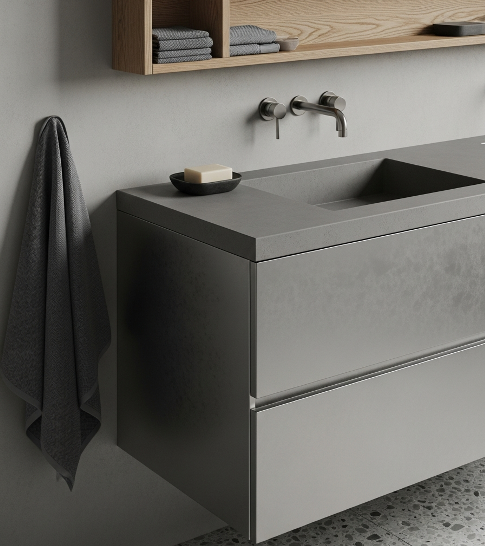 Fadior Acqua Bath and Vanity Suite — close-up of stainless steel finish and hardware detail