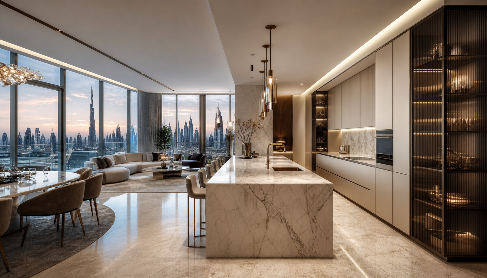 Fadior Dubai 185 sqm Kitchen Penthouse — Dubai kitchen island, sofa, dining chairs, cabinet wall, city window