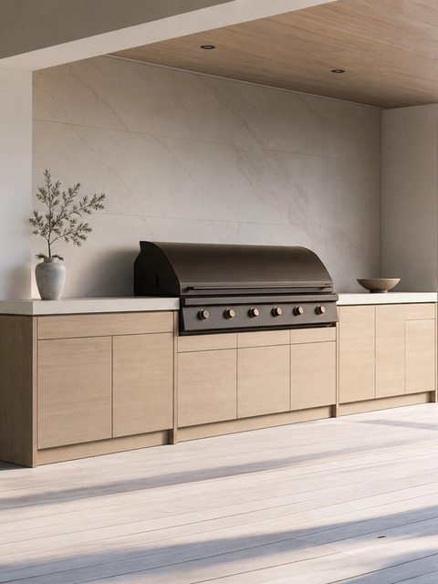 Fadior Vantage Outdoor Kitchen Suite with Cafe Bronze Grill Workwall — 304 stainless steel outdoor kitchen system, front view